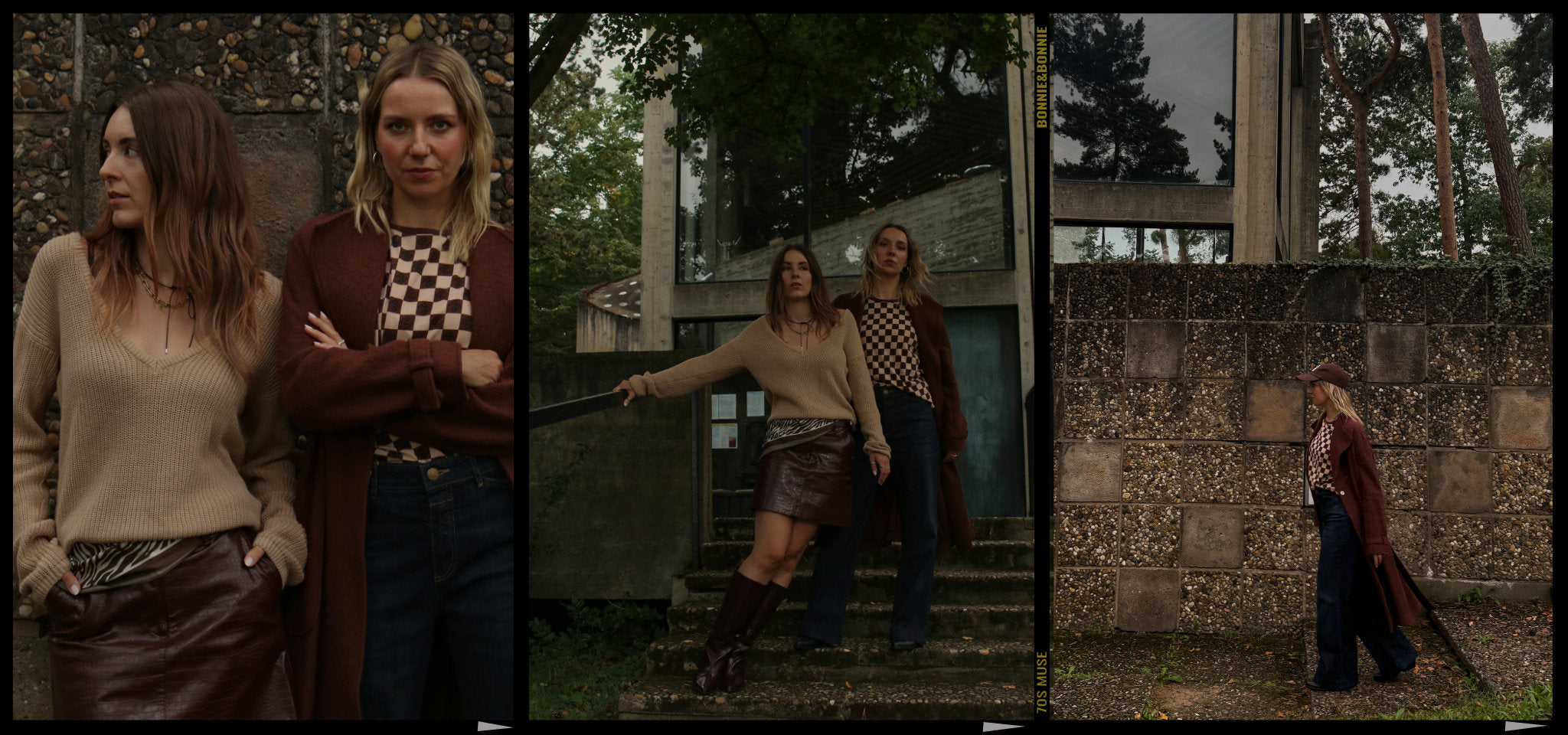 Secondhand Look in Erdtönen: Strickpullover, Lederrock und Mantel – nachhaltige Premium Mode