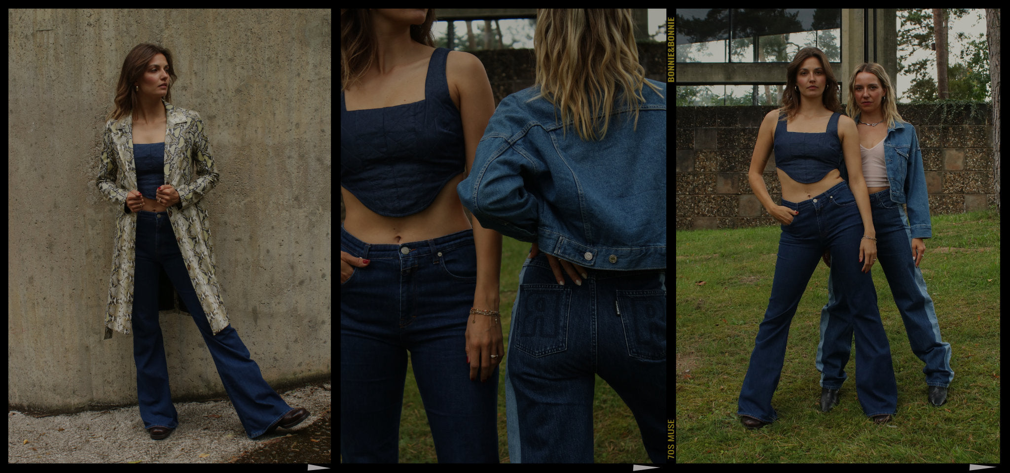 Secondhand Denim Looks von Closed, Rotate und Lioness – dunkle Jeans mit Bustier-Top und Schlangenprint-Mantel kombiniert mit Cropped Denimjacke. Nachhaltige Markenmode mit modernem 70s-Touch