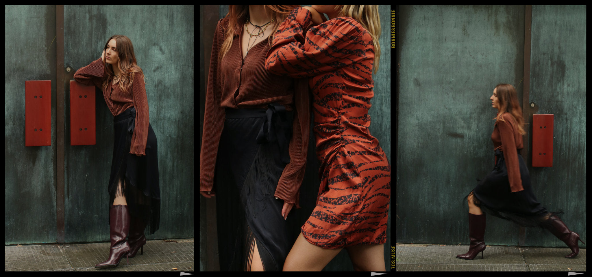Hochwertige Secondhand Looks: Braunrote Bluse in Kombination mit schwarzem Midirock mit Fransen-Details von & Other Stories und kniehohen Lederstiefeln in Bordeaux, Seidenkleid von Anine Bing – nachhaltiger Statement-Look.
