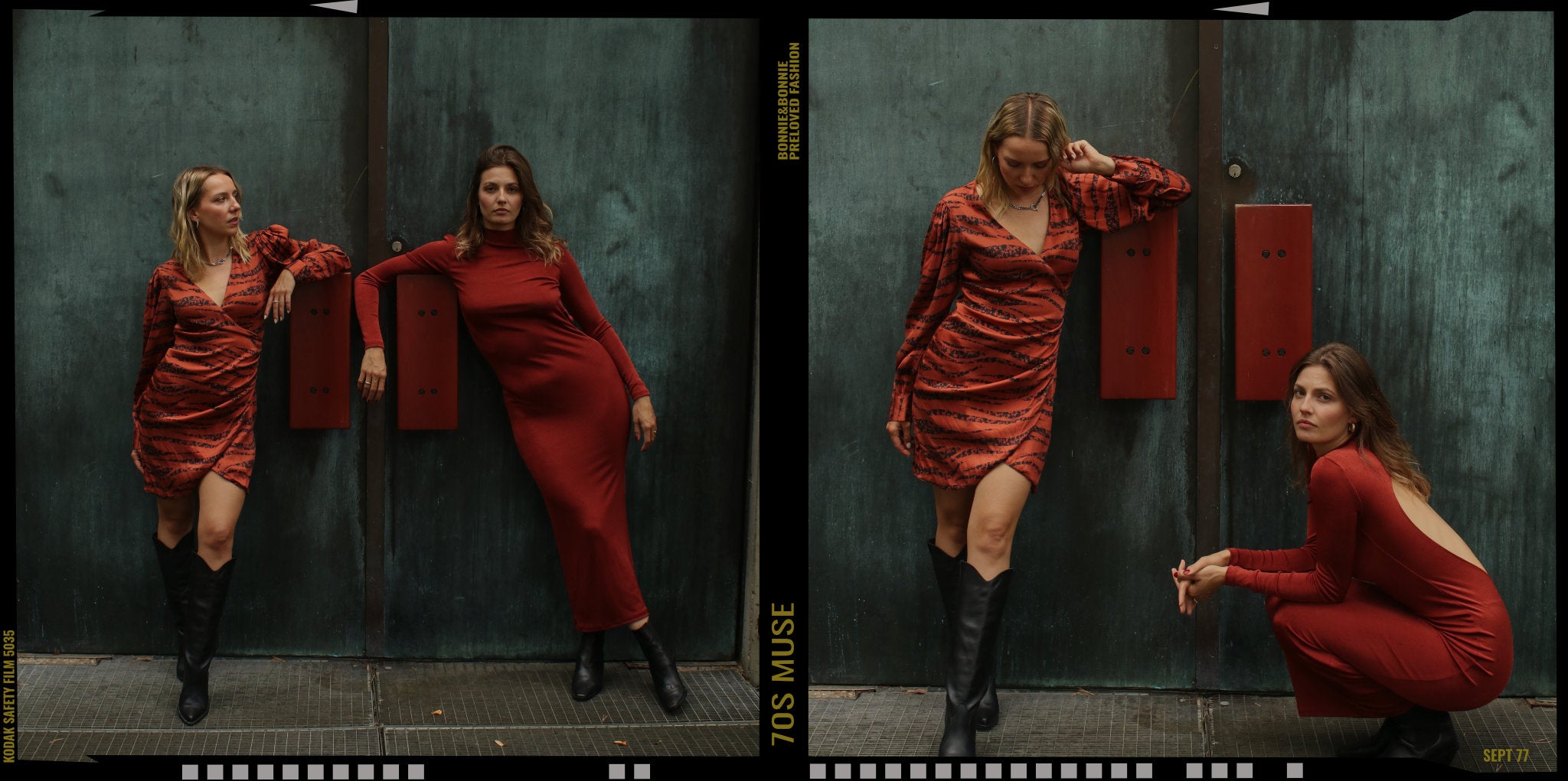 Nachhaltige Secondhand-Mode: Wickelkleid aus Seide mit Animalprint von Anine Bing und rückenfreies Midikleid in Rostrot von NA-KD, kombiniert mit schwarzen Stiefeln – moderne Hommage an die 70er.