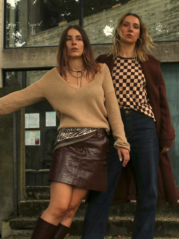 2 Frauen in herbstlichen Secondhand Outfits: Pullover, Lederrock und Stiefel, langer brauner Mantel T-Shirt mit Karo-Print und Dark Denim Jeans von Closed