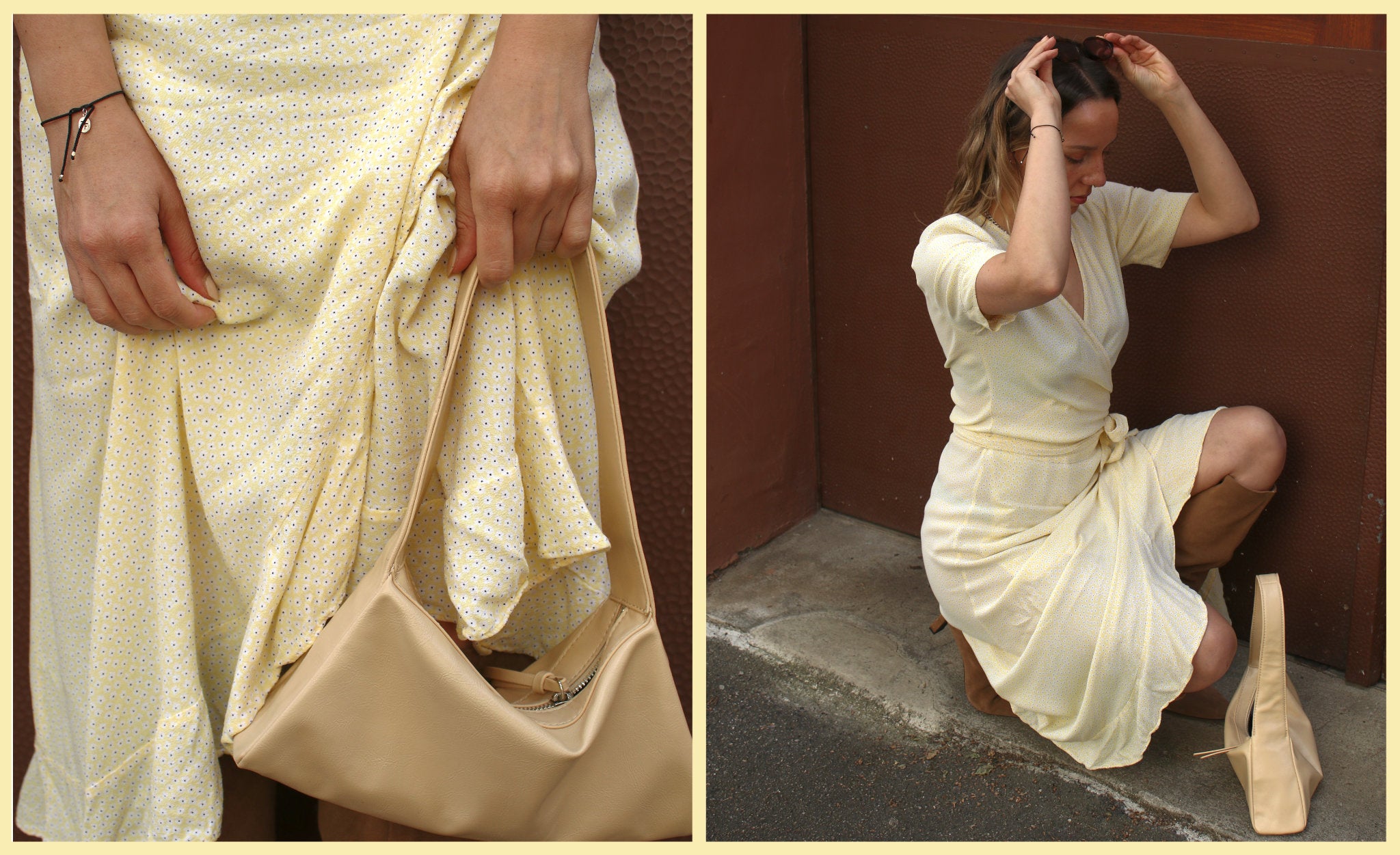 Secondhand Markenmode in Butter Yellow: Wickelkleid in zartem Gelb mit feinem Punktmuster, kombiniert mit beiger Ledertasche und braunen Stiefeln – nachhaltiger, femininer Look in soften Tönen