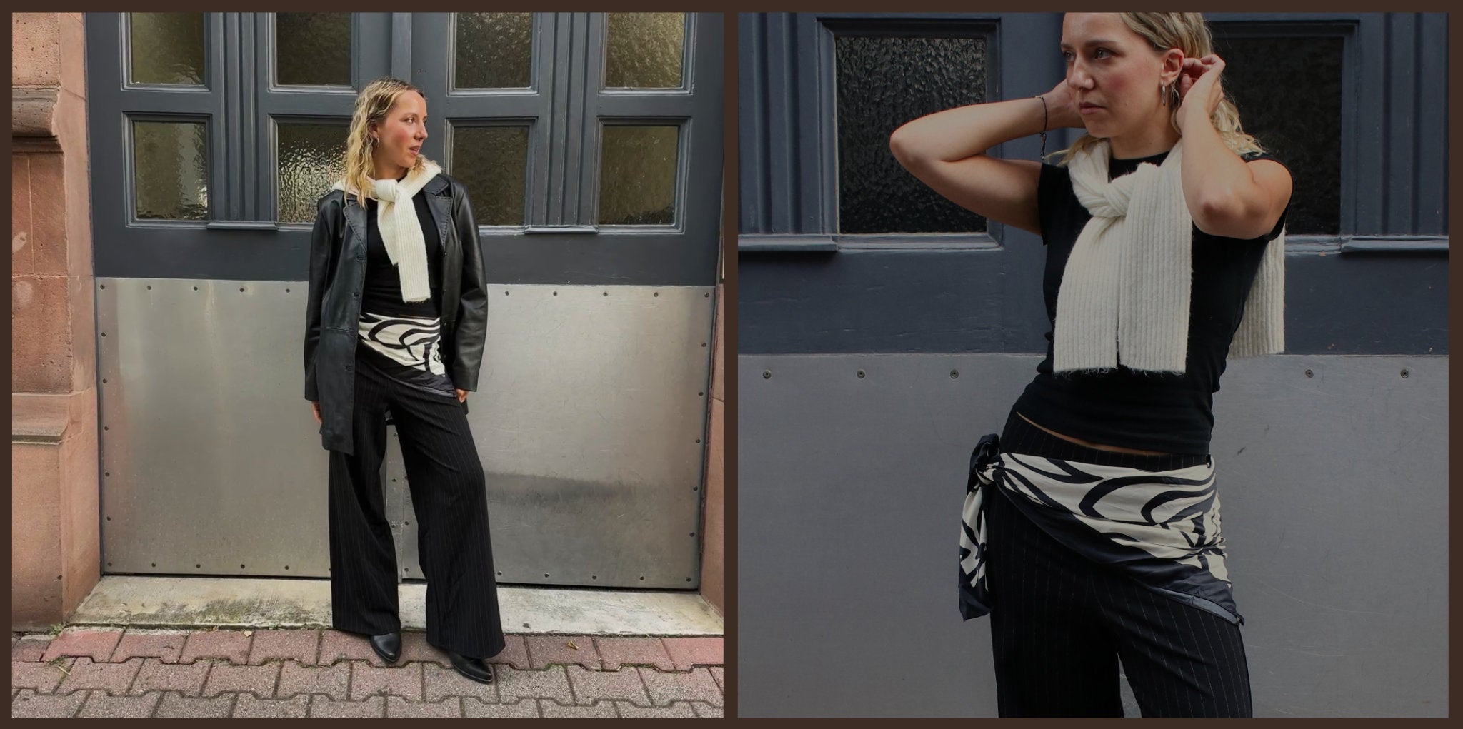Secondhand Streetstyle Look: Nadelstreifenhose, Ledermantel und gemusterter Schal – nachhaltige Vintage Mode.