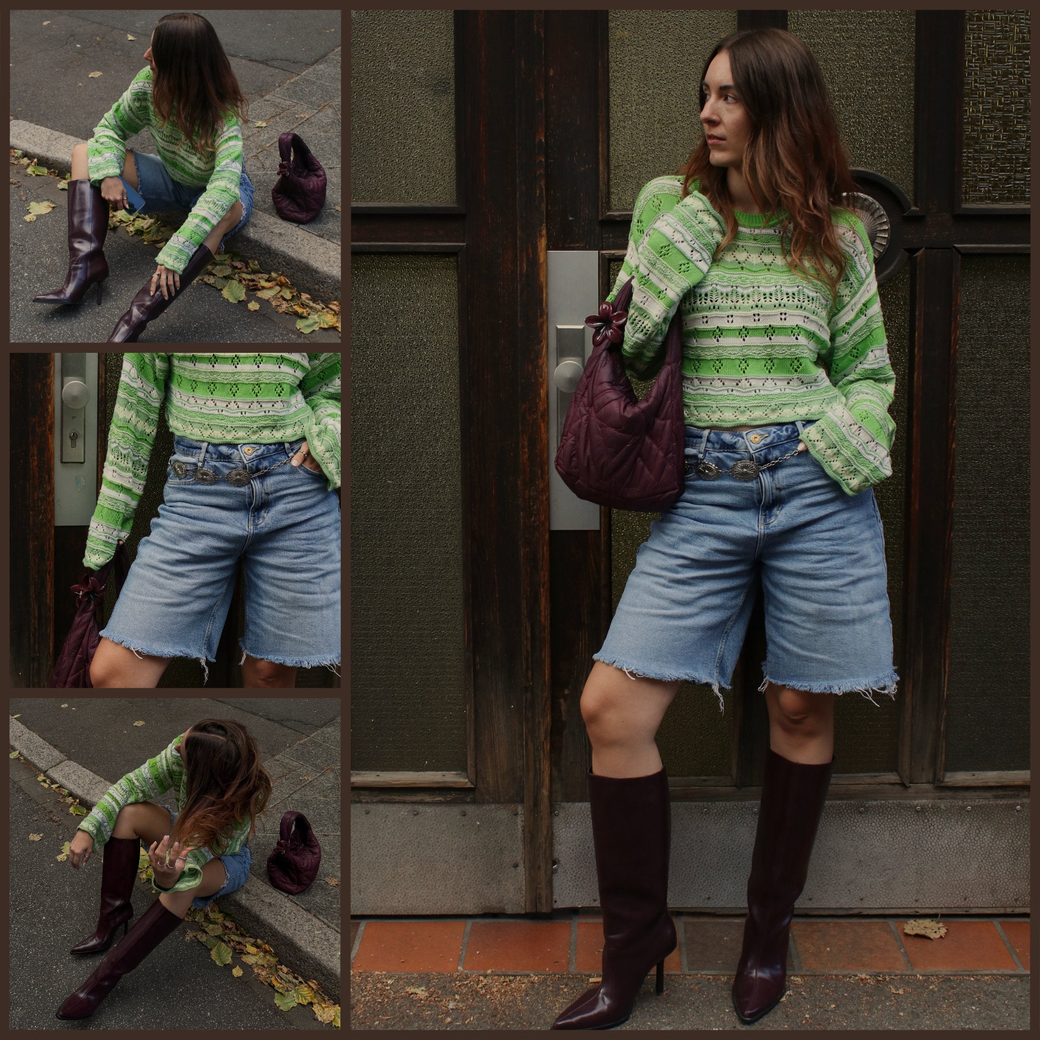 Stylischer Retro-Look: Grüner Strickpullover mit Muster, kombiniert mit lässigen Jeansshorts im Bermuda-Schnitt, spitzen kniehohen Stiefeln in dunklem Bordeaux und gesteppter Umhängetasche in Bordeaux – Secondhand Outfit mit Vintage-Charme.