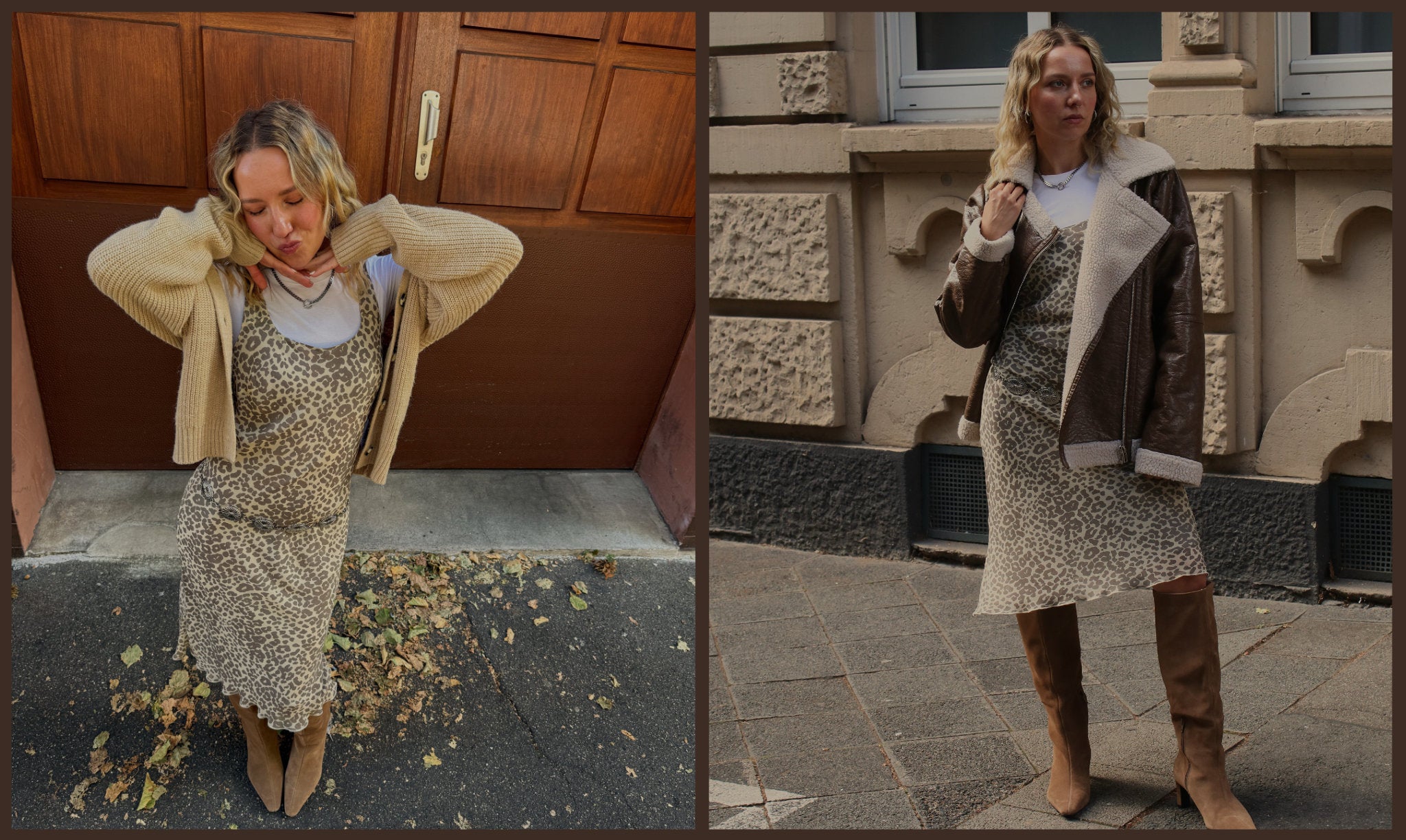 Model trägt herbstlich gestyltes Vintage Leo-Kleid aus Seide mit Wildleder Boots, Strick-Cardigan und Secondhand Aviator Jacke in Dunkelbraun
