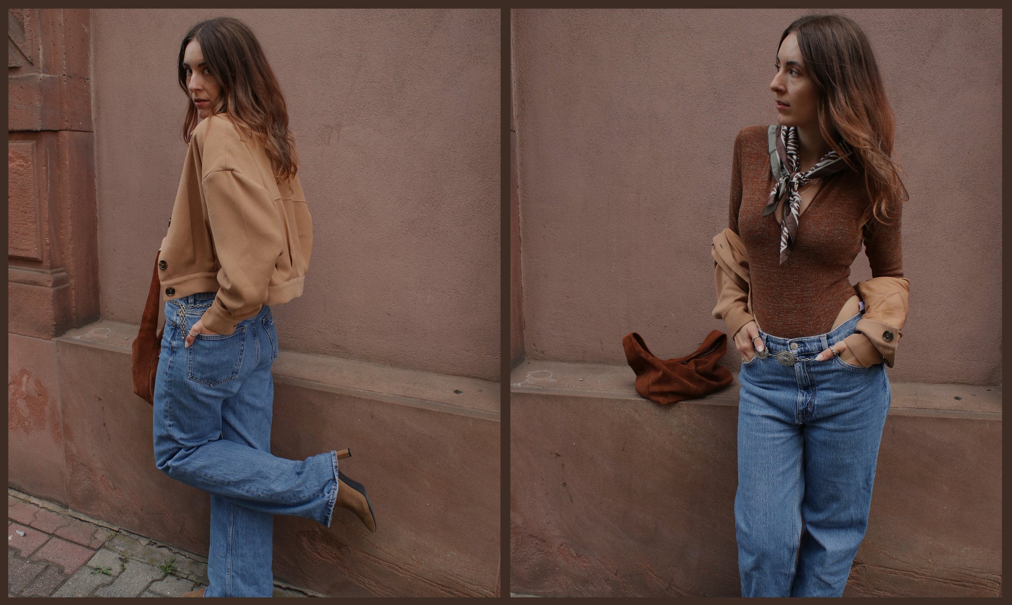 Frau in braun-beigem Secondhand Herbst Outfit mit braunem Body von Zara, Zebra Tuch, Jeans und Jacke von NA-KD in Beige