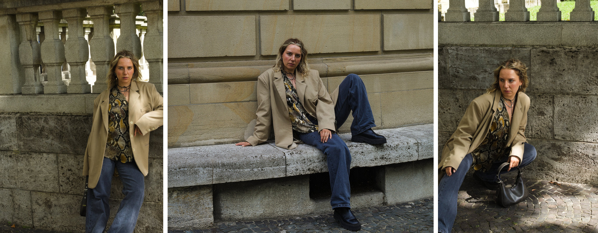 Frau in beigem Oversize Blazer mit Dark Denim Jeans -  Secondhand Blazer, Jacken und Mäntel bei  Bonnie&Bonnie