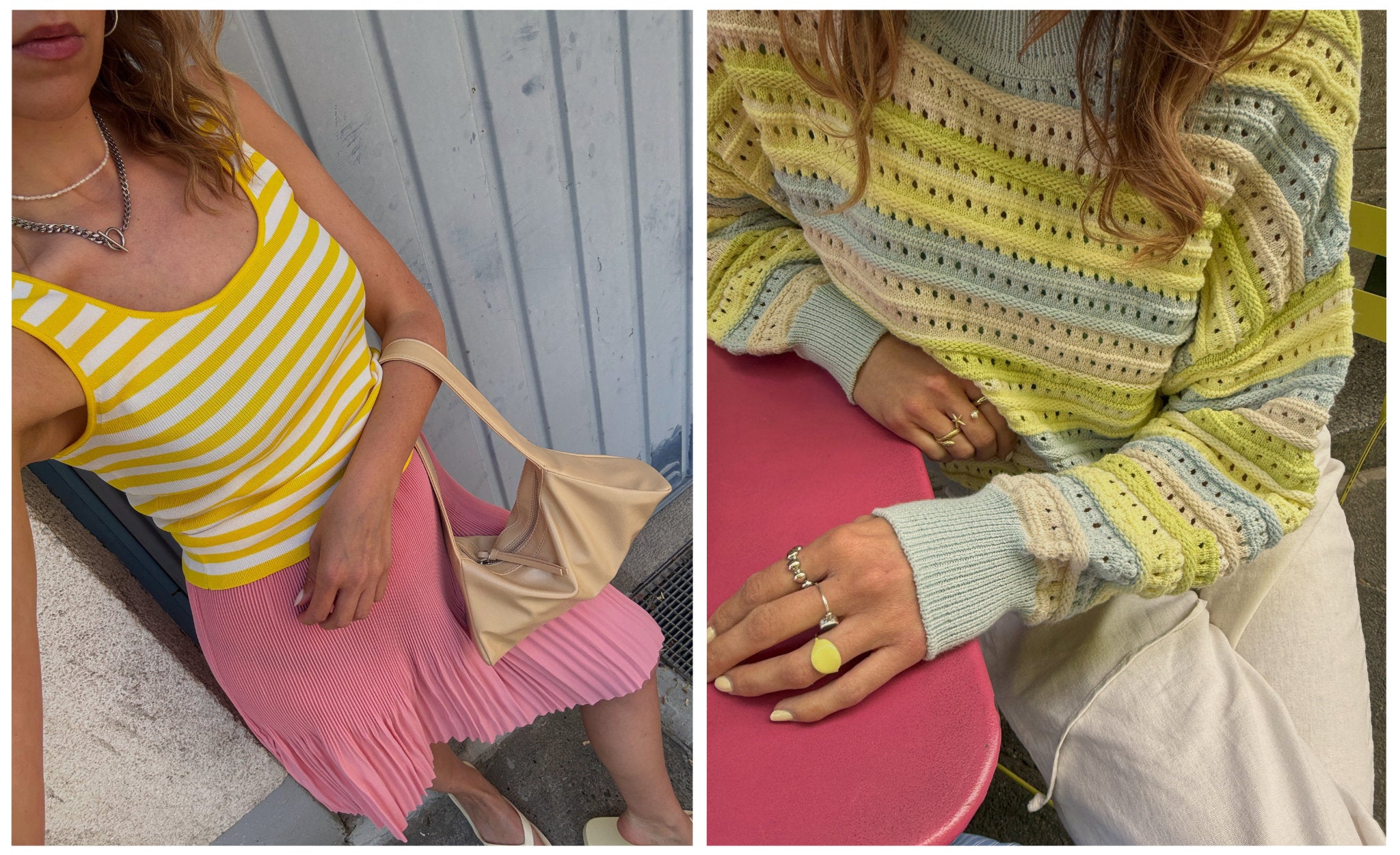 Zwei frühlingshafte Secondhand-Looks in Pastellfarben – links gelb-weiß gestreiftes Top mit rosa Plisseerock und beiger Tasche, rechts pastellfarbener Strickpullover.