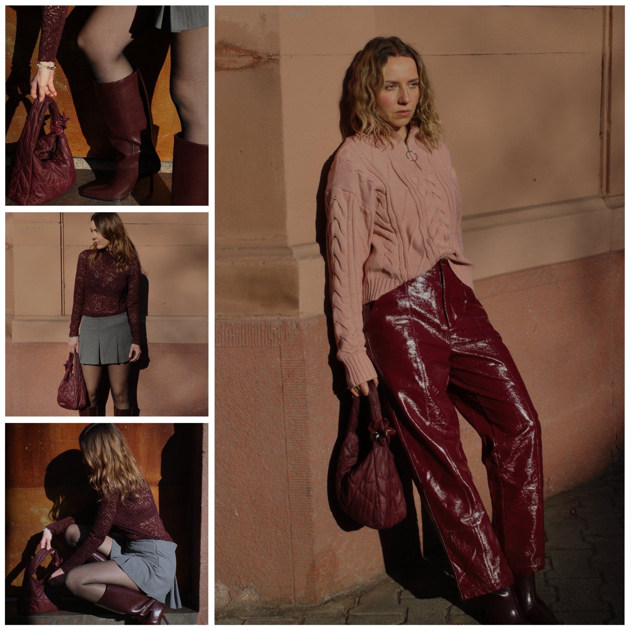 Collage aus 2 Outfits - ein grauer Rock mit bordeauxrotem Spitzen-Oberteil und Stiefeln und eine Lackleder Hose in Bordeaux mit einem rosafarbenen Secondhand Zopfstrick-Pullover