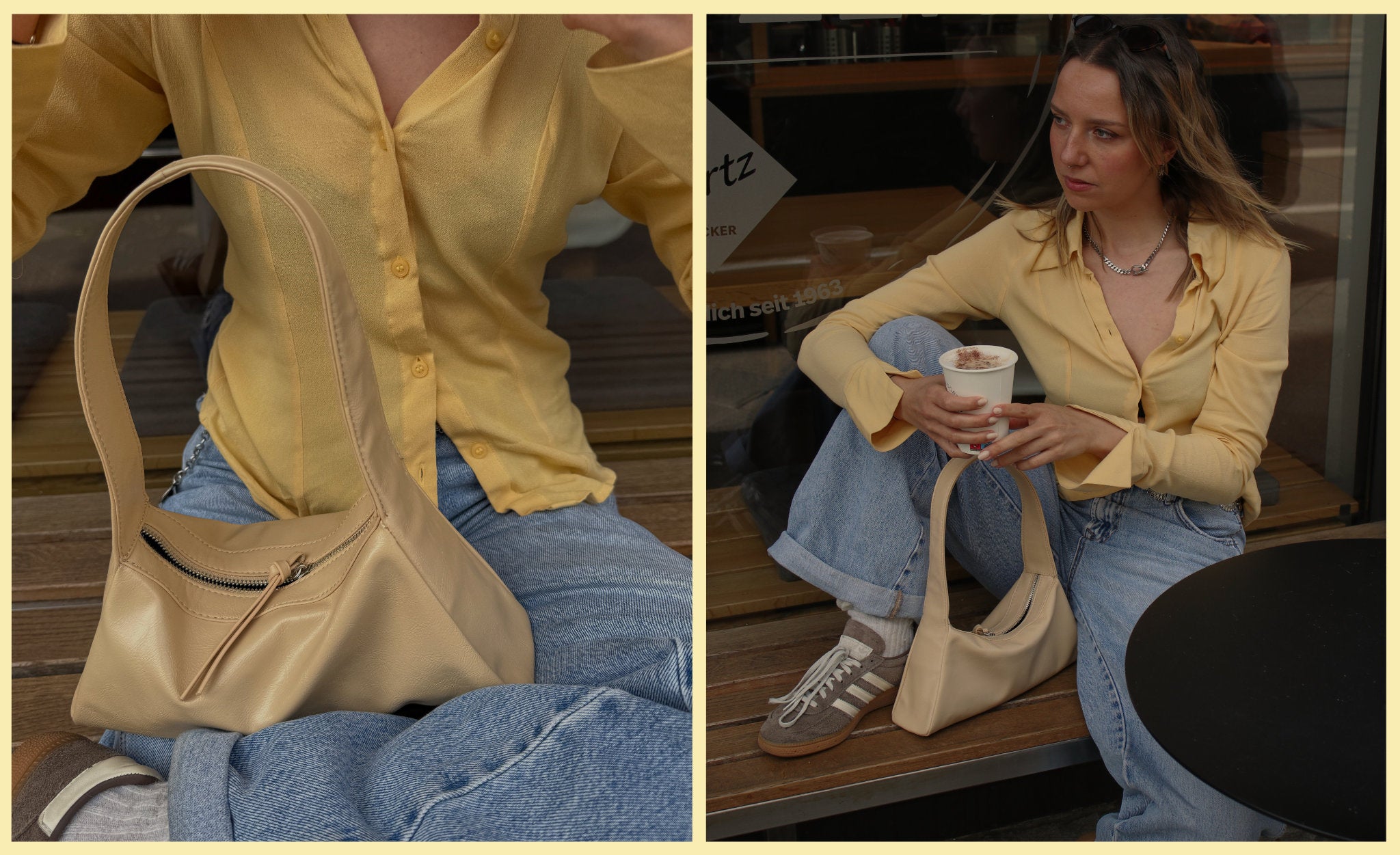 Secondhand Markenmode in Butter Yellow: Leicht transparente Hemdbluse in zartem Gelbton kombiniert mit locker geschnittenen Jeans, hellbeiger Ledertasche und Retro-Sneakern – nachhaltiger Alltagslook mit modernen Akzenten.
