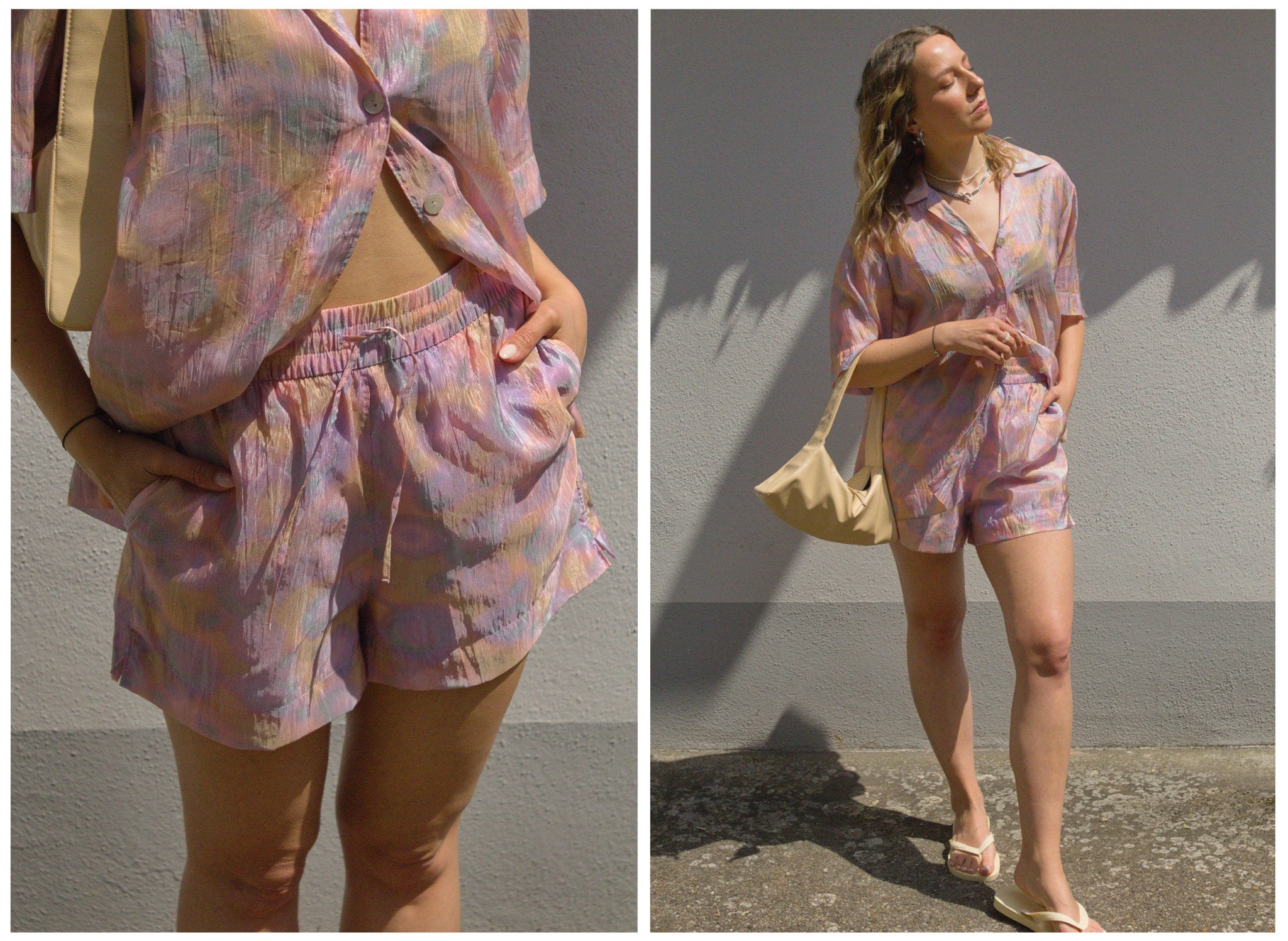 Sommerlicher Secondhand-Zweiteiler in Pastellfarben von & Other Stories mit kurzer Hemdbluse und Shorts. Kombiniert mit cremefarbener Schultertasche und Flip-Flops – leichter Vintage-Look in der Sonne
